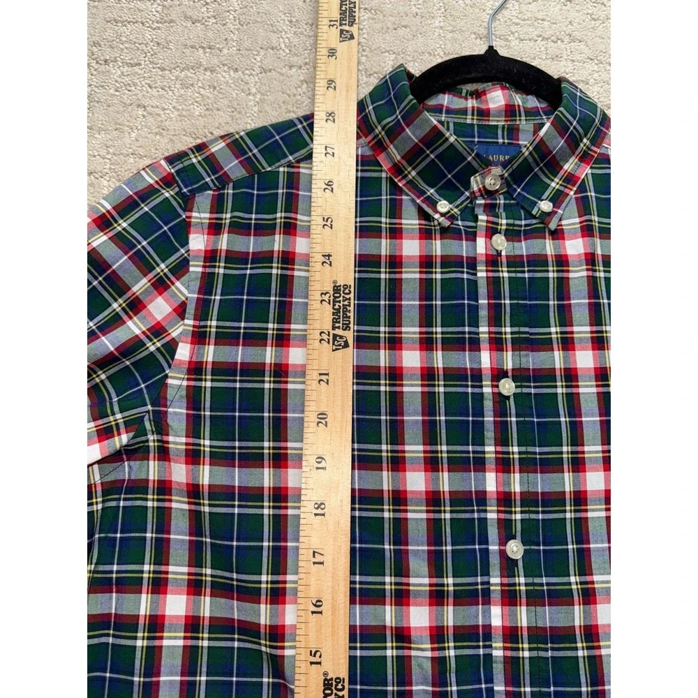 Ralph Lauren Plaid Button Down Shirt Kids XL 18-20 Green Red Natural Stretch